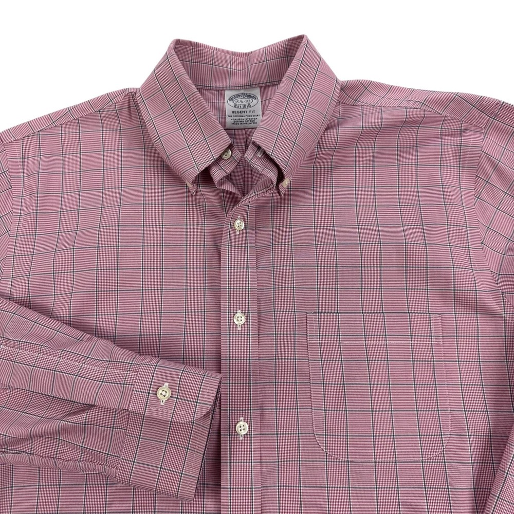 Brooks Brothers Regent Dress Shirt Mens 15.5 33 Pink Check Non Iron Stretch